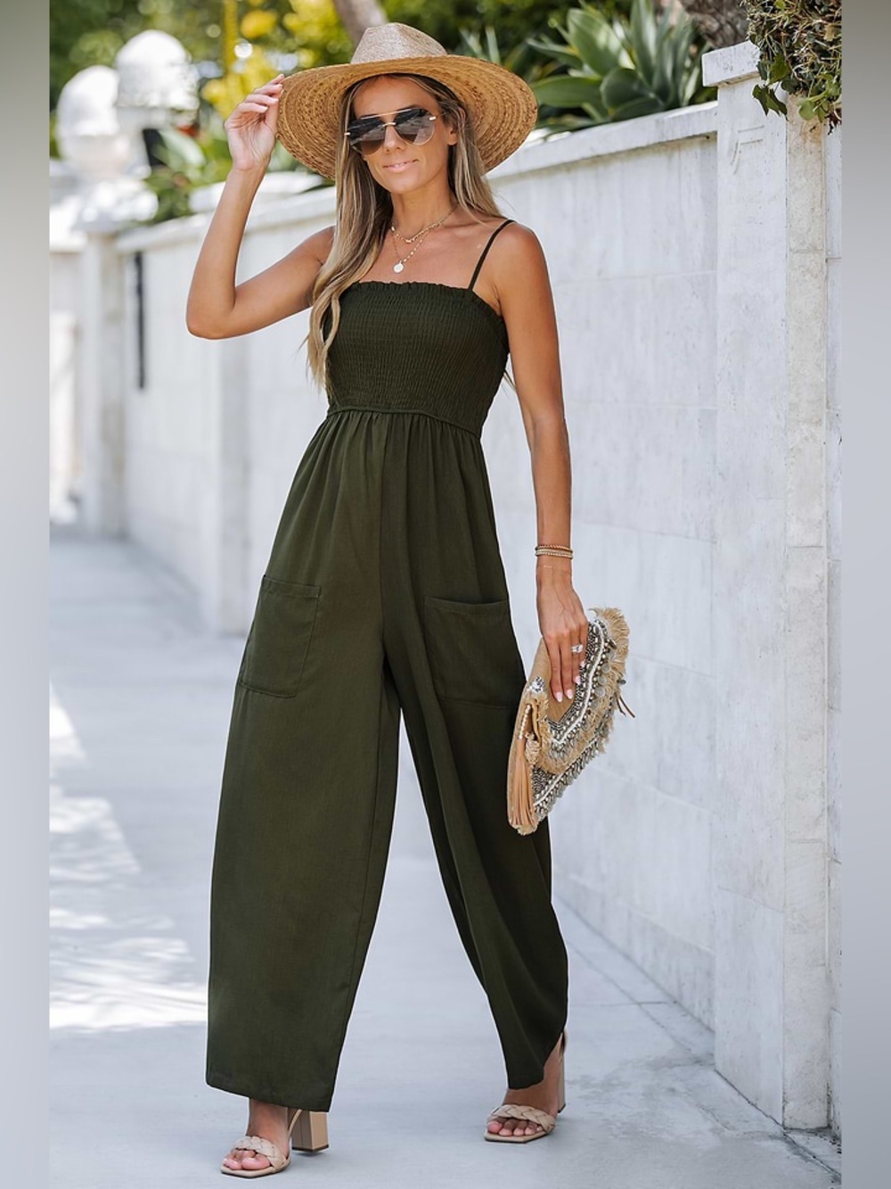 Cupshe Olive Green Smocked Strap Jumpsuit